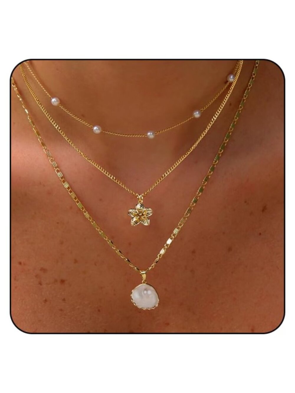14K Gold Plated Waterproof Necklace Set 3 Pc Layering Pendant Chain
